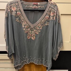 Johnny Was Dusty Blue Embroidered V-Neck Blouse